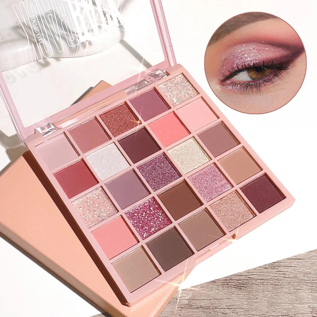 25-Color Eyeshadow Palette with High-Gloss Rose Brown Tone, Matte Glitter, Daily Makeup, Dry Rose Eyeshadow