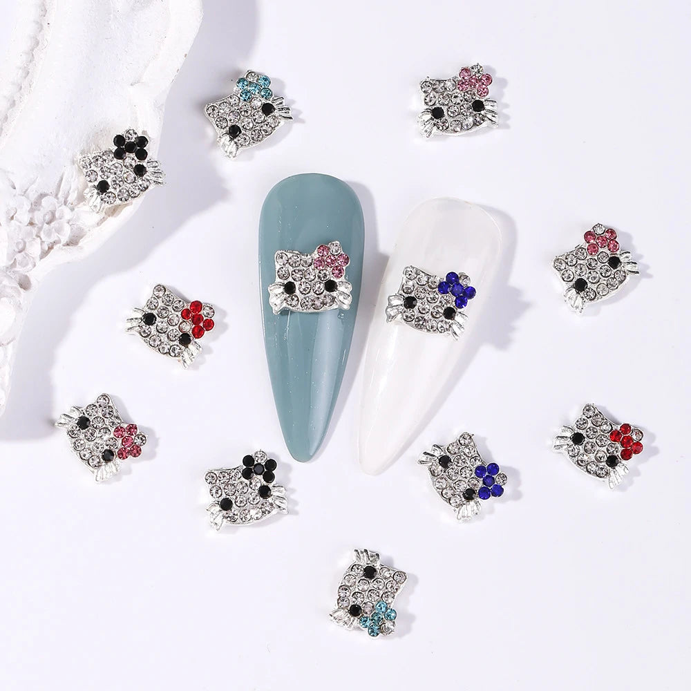 10Pcs Luxury Diamond Cat Nail Art Charm 3D Alloy Cat Shape Rhinestone Nail Decoration Shiny Multicolor DIY Manicure Accessories