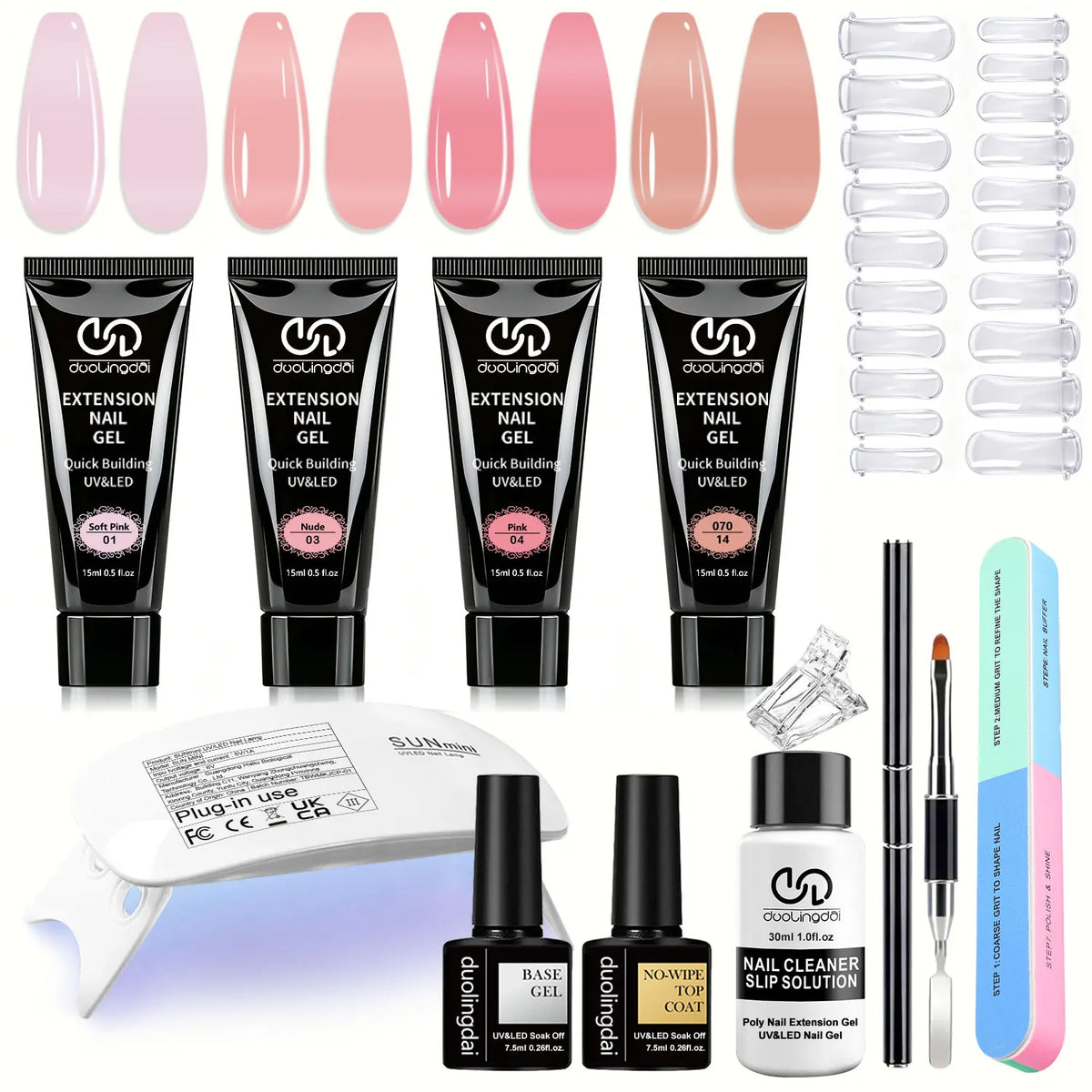 Duolingdai 4 Color Poly Nail Extension Gel + 8pcs Toolset,Clear Pink-White Brown,Comes with Mini Nail Light and Essential UV/LED