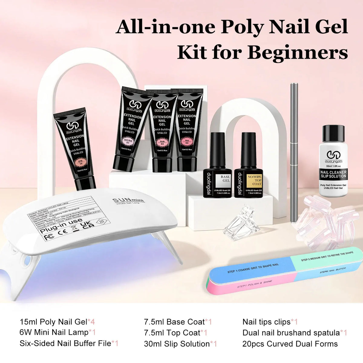 Duolingdai 4 Color Poly Nail Extension Gel + 8pcs Toolset,Clear Pink-White Brown,Comes with Mini Nail Light and Essential UV/LED