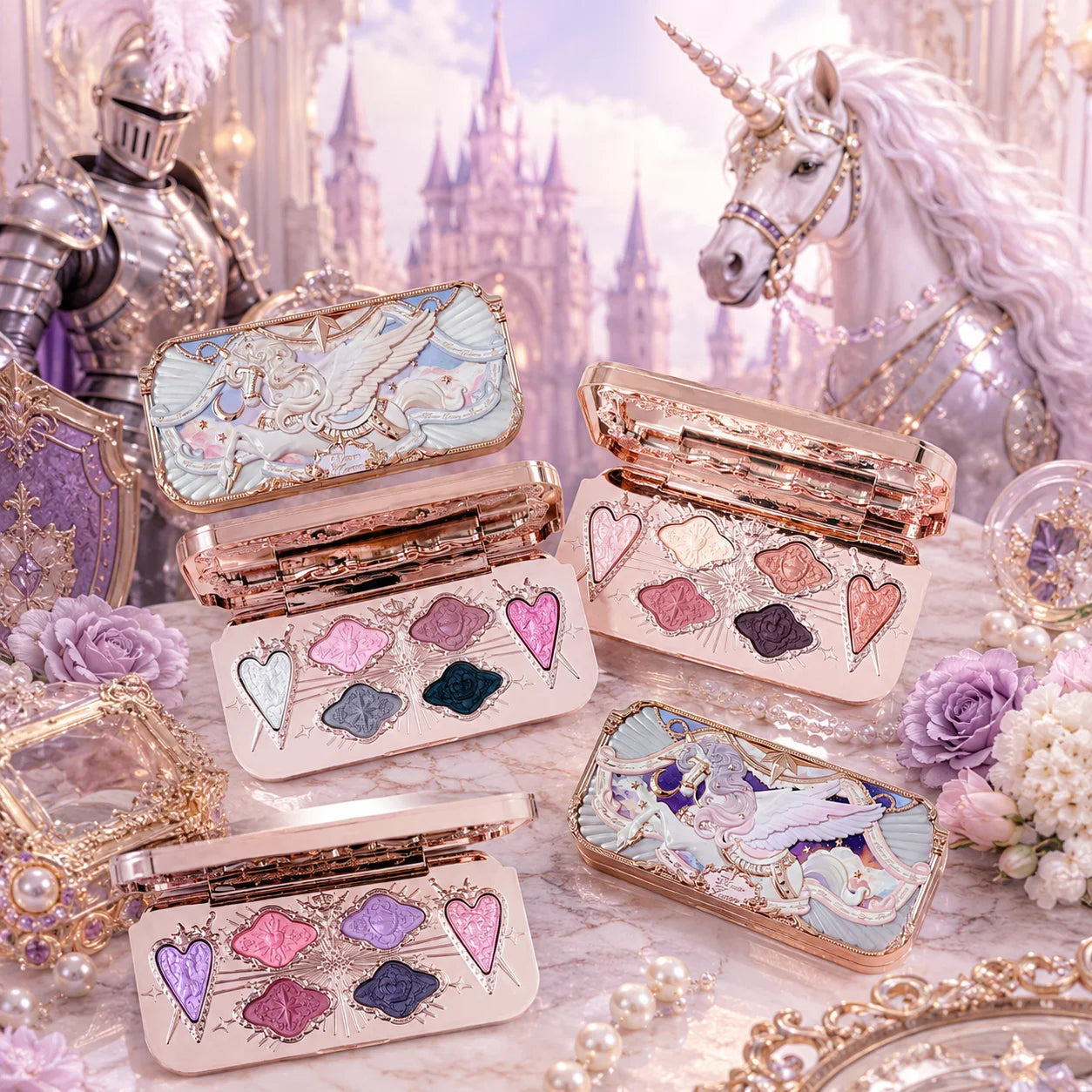 Flower Knows Knight Unicorn 6 Color Satin Eyeshadow Palette Shimmer Matte Long Lasting High Pigment Fairycore Dreamy Makeup