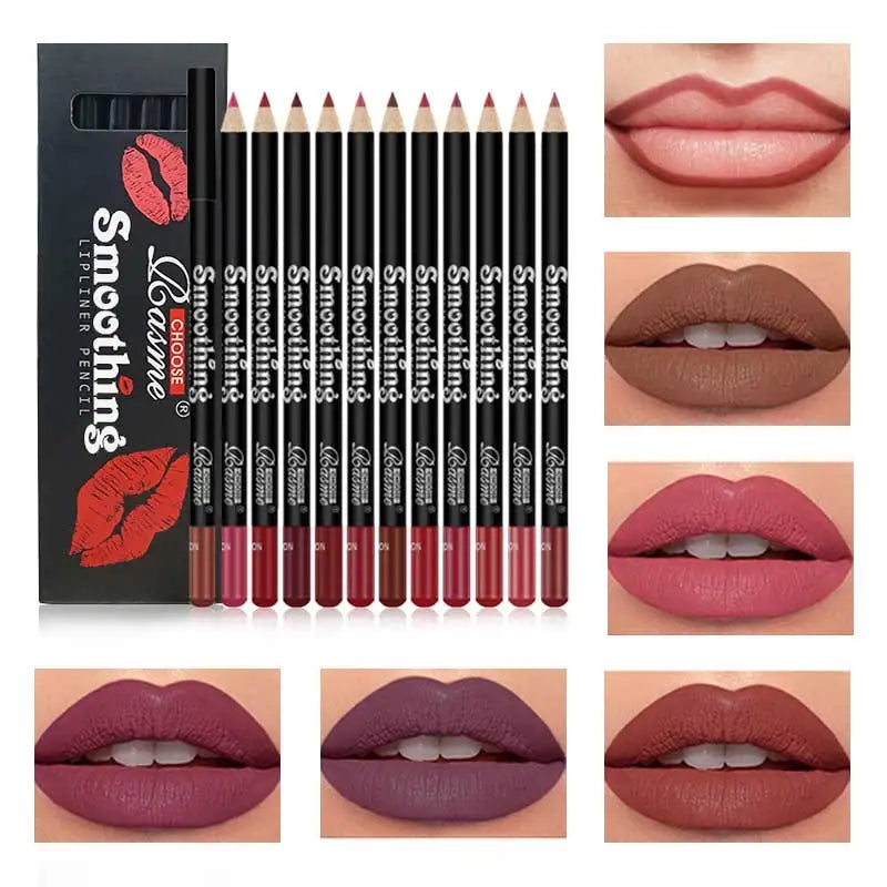 12 Colors Lip Liner Pen Set Fashion Black Rod Waterproof Non-stick Cup Easy To Color Lipstick Pen Makeu
