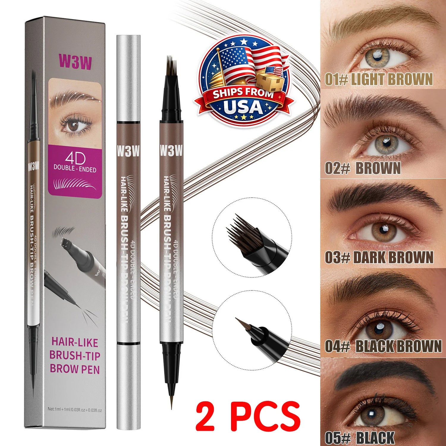 2PCS Eyebrow Pencil Dual End Brow Pen Waterproof Long Lasting Natural Hair Like Strokes Angled Tip Fine Brush For Women