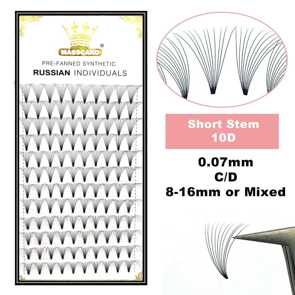 MASSCAKU Premade Russian Volume Short Stem Eyelash Extensions Wide Fans 3D 4D 5D 6D 10D 20D Faux Mink Lashes Wholesale
