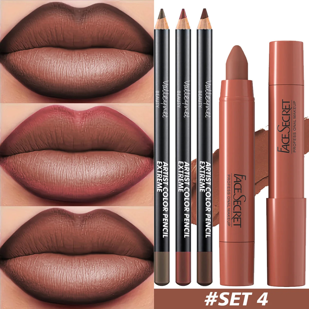 4Pcs/Set Ultra-Fine Wood Lipliner + Lipstick,Matte Velvet Lipstick - Long Lasting Waterproof Lip Combo Lip Makeup Set