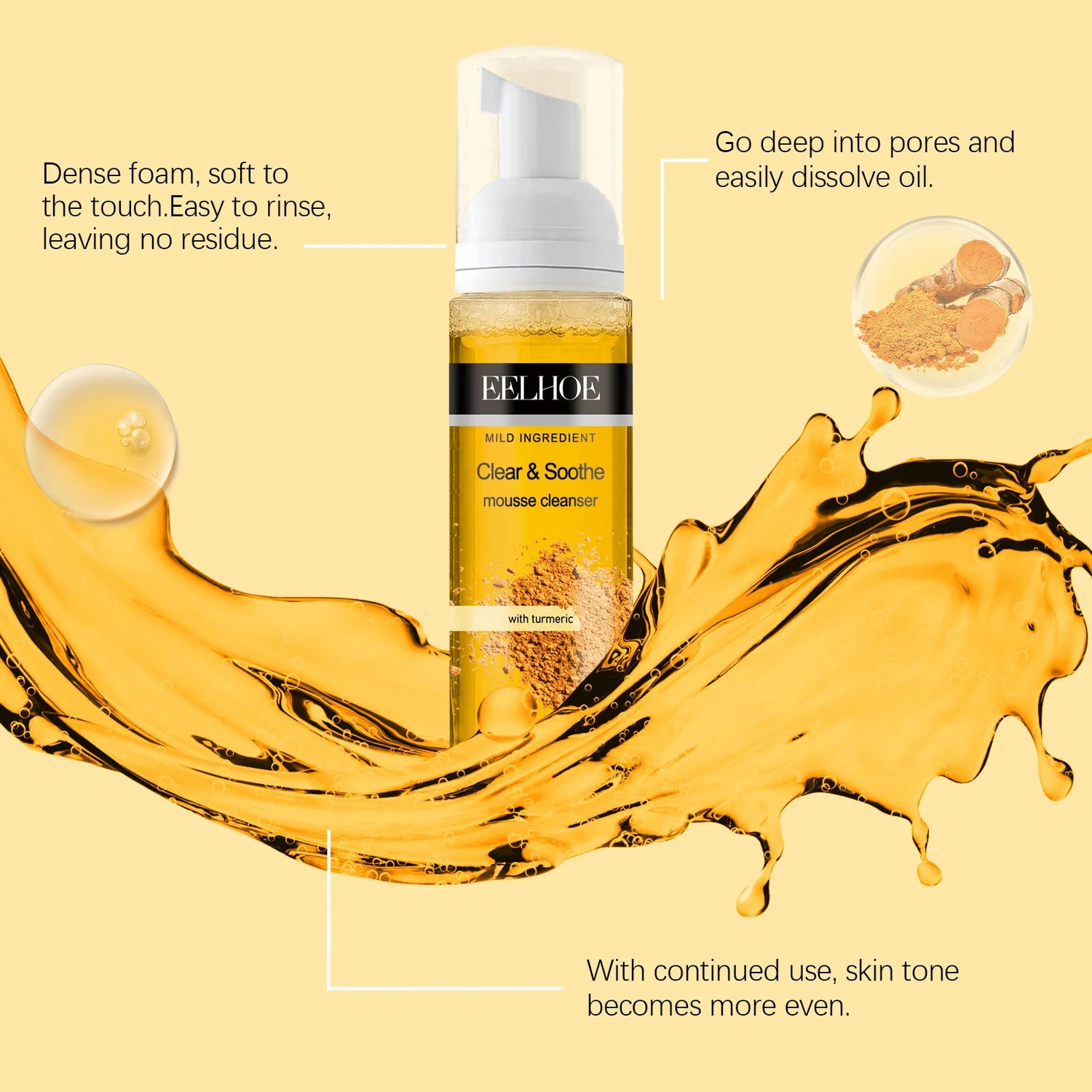 Turmeric Mousse Cleanser Face Cleaning Shrink Pores Oil Control Dull Skin Brightening Hydrated Facial Contour Foaming Cleanser