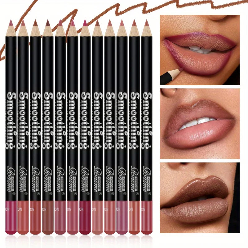 Smooth Lip Liner Set 12 Colors, Waterproof Longwear Matte Lip Contour Pen, Nude Brown Pink Daily Lip Makeup