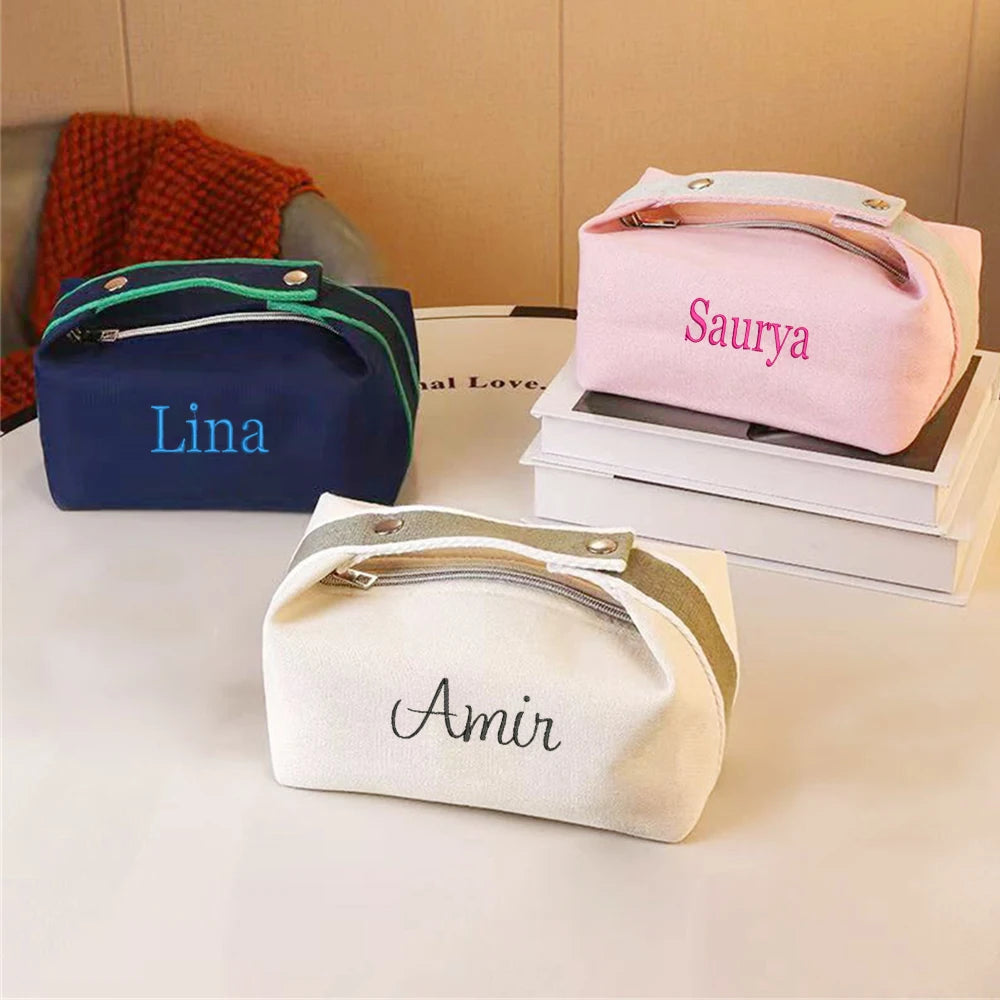 Custom Embroidered Name Simple Portable Hand-held Canvas Bag Personalized Women's Makeup Bag Waterproof Storage Bag Toiletry Bag