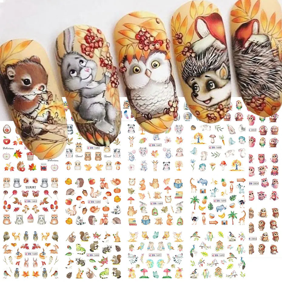 12Design Autumn Animal Nail Art Water Sticker Cartoon Owl Squirrel Fox Hedgehog Transfer Slider Fall Theme Fruits Manicure Decor