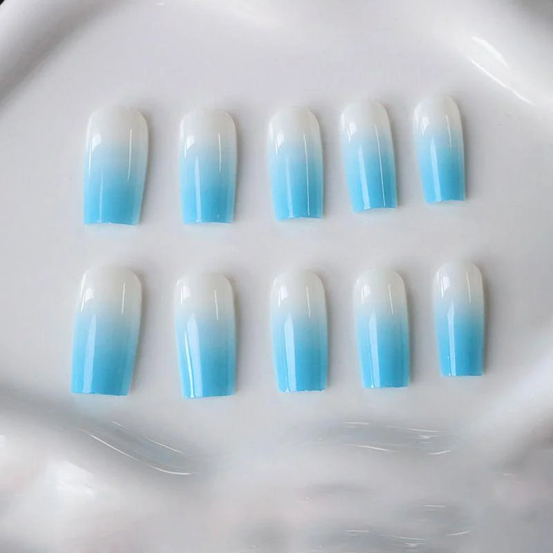 24PCS Press On Nails Square Gradient Blue Fake Nails With Long Acrylic Gloss Fully Covered Nails, Women And Girls' Daily Wear