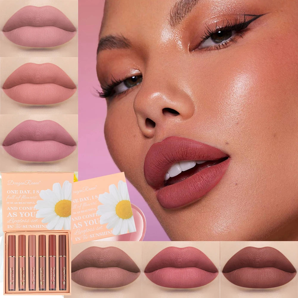 Set of Six Lip Glazes, Matte and Fine Texture, Easy to Apply, Non-Stick, Waterproof and Sweat-Proof, Versatile for Daily Use, Lip Gloss and Lipstick Set