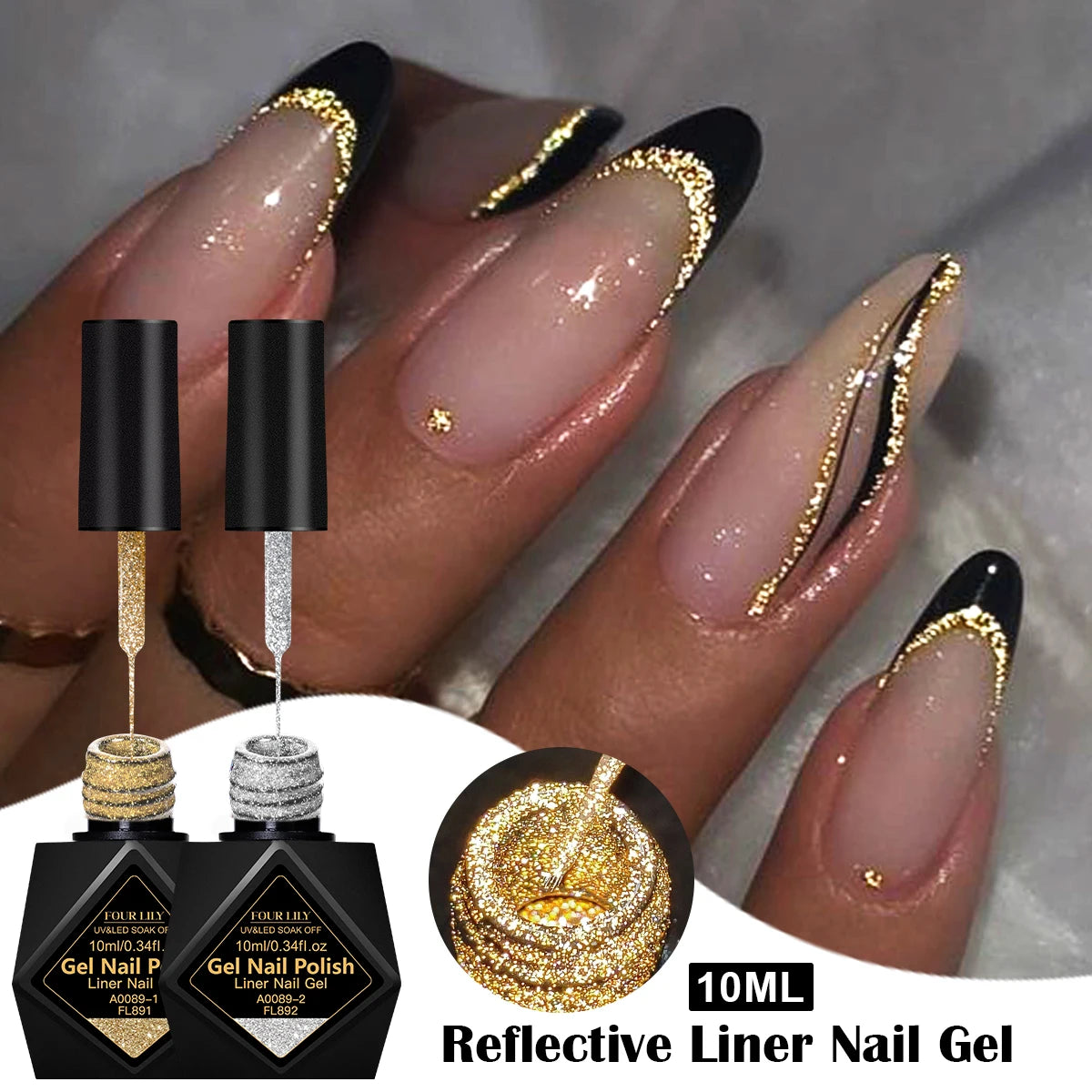 10ml Gold Silver Reflective Glitter Liner Gel Nail Polish Pull Line Gel Graffiti Painting Stripe French Nails DIY Nail Supplies