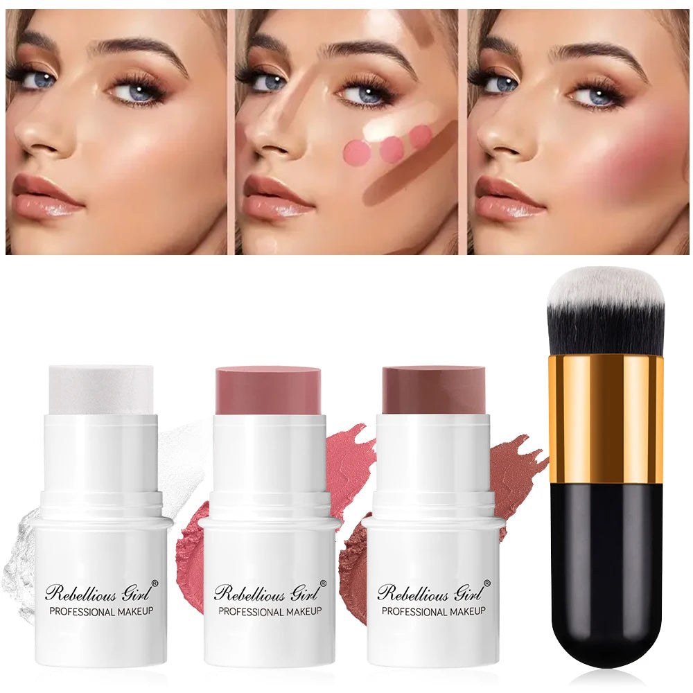 3 In 1 Blush Contour Highlighter Stick Multi-Use Makeup for Cheeks Eyes & Lips Lightweight Dewy Finish Blush Stick Makeup Set