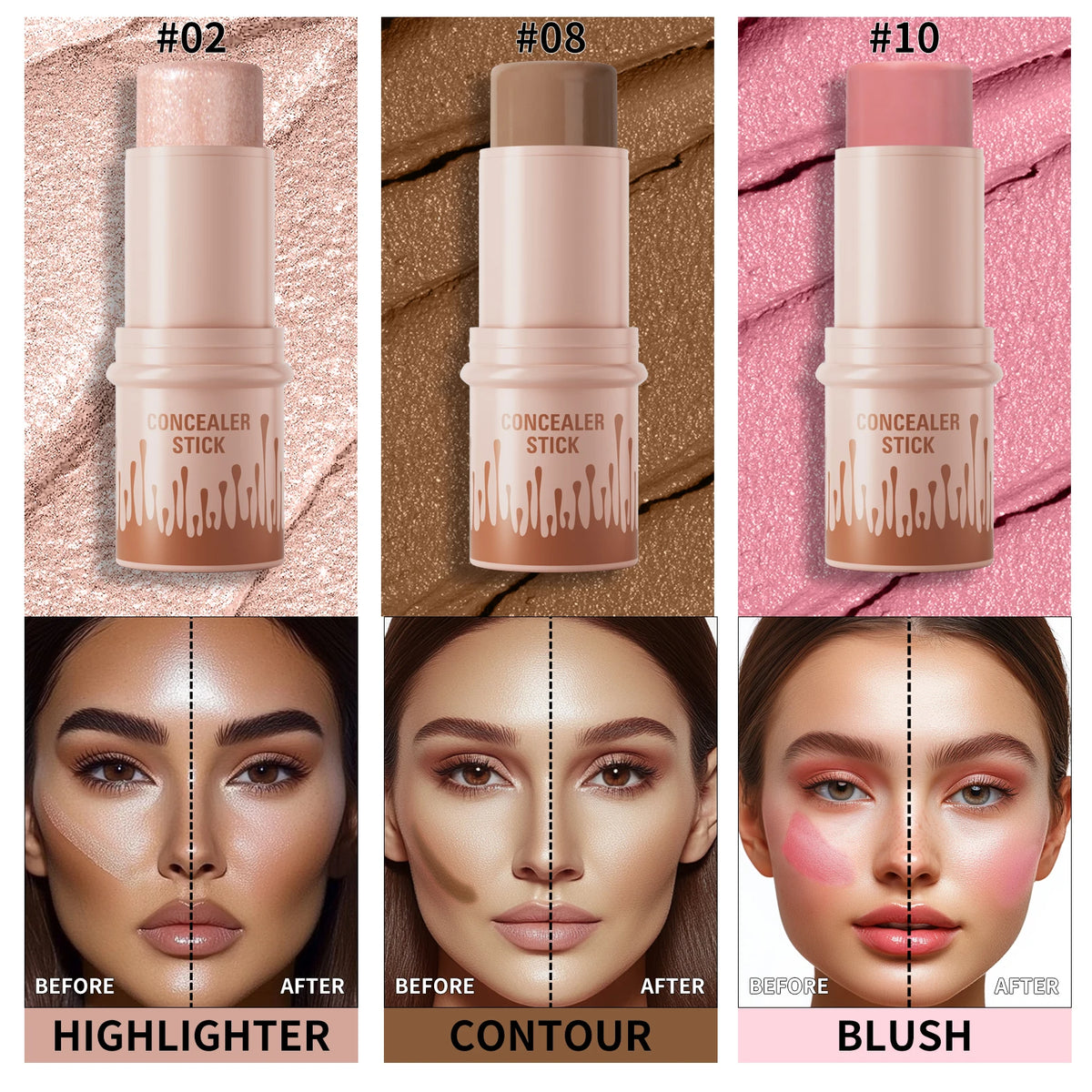 Contour Sticks, Highlighter Stick, Blush Stick, 3-Piece Cream Contour Set Including Contour Brush, Creates Facial Contours
