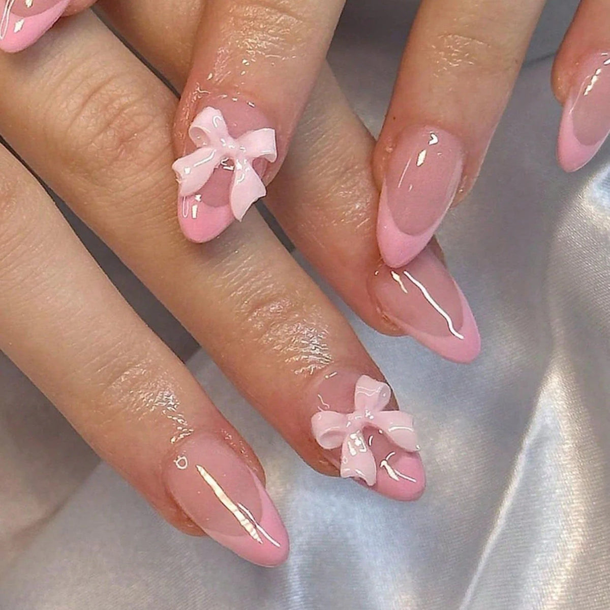 24PCS Almond Medium Pink French Fake Nails Press Ons Glossy Glue 0n Nails Acrylic Nails with 3D Bow Designs Stick on Nails