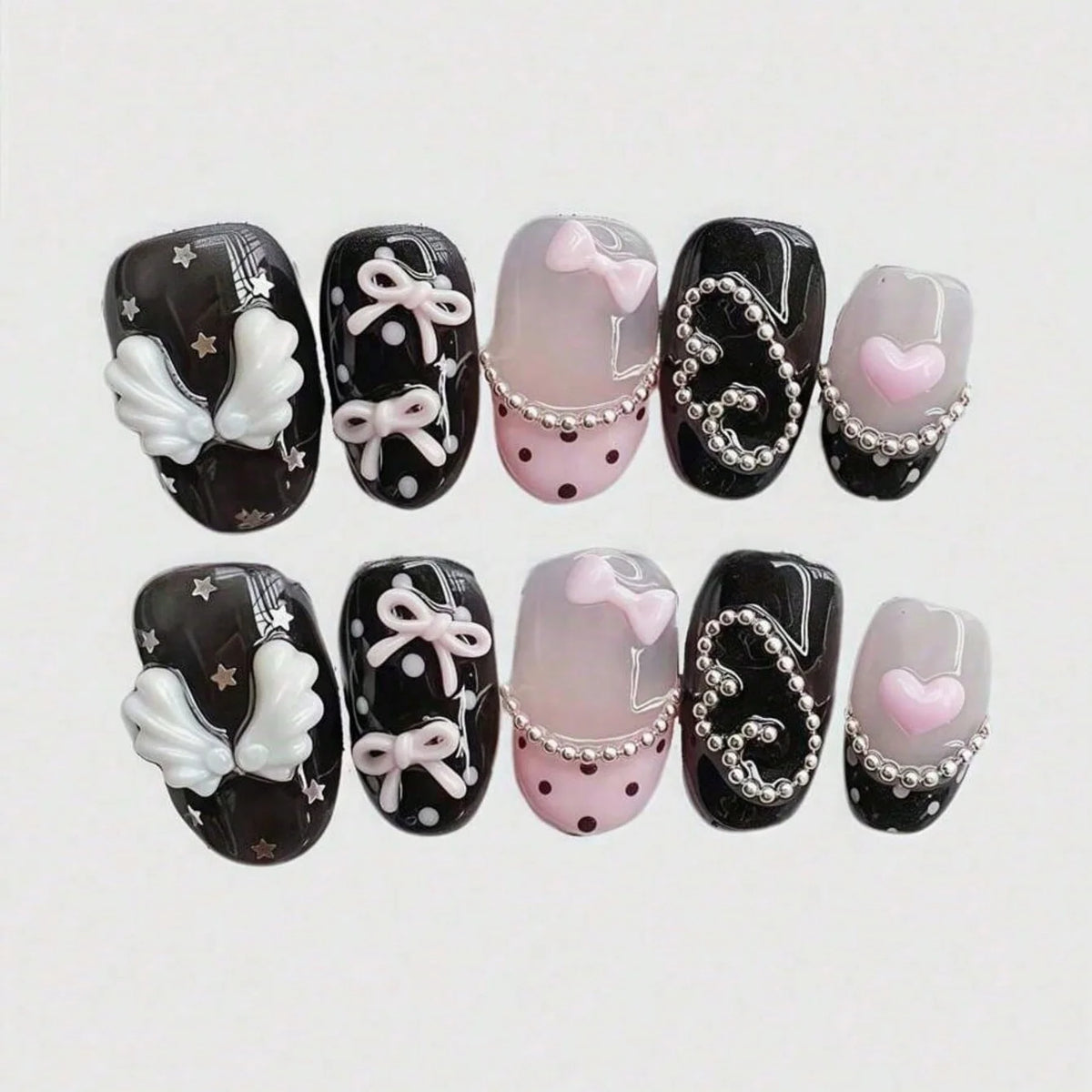 10pcs Pure Hand Pressed Short Circular Nail Art, Beautiful Fake Nails, Sweet and Cool Pink Bow, Suitable for Women to Use