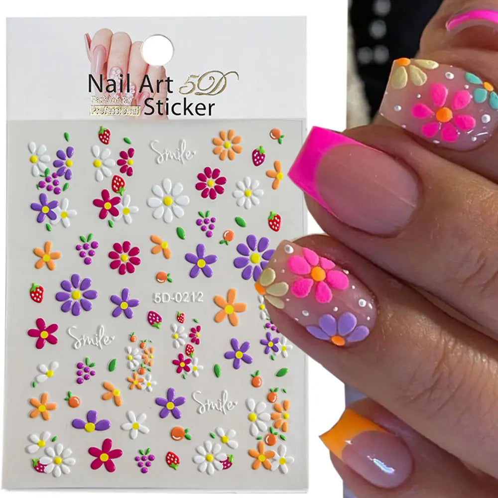 5D Exquisite Daisy Nail Sticker 1sheet Colorful Floral Nail Decal 8*10cm Self-adhesive Luxurious Daisy Nail Art Sticker Decor 9