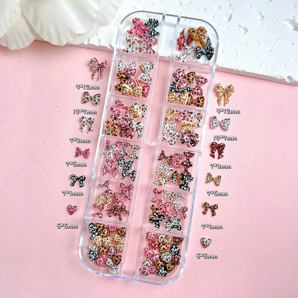 1Box Minimalist Creative Spotted Bow Heart Resin Nail Art Decorations Colorful Leopard Print Tie Autumn Winter Nail Charms DIY