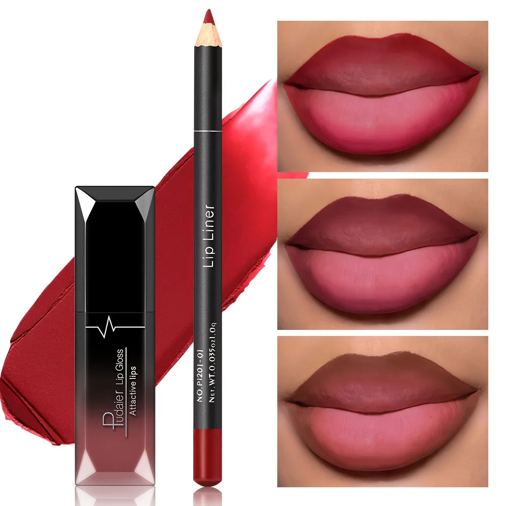1Set Matte lip gloss and lip liner pen set - waterproof, long-lasting coloring, the ideal choice for a perfect makeup look