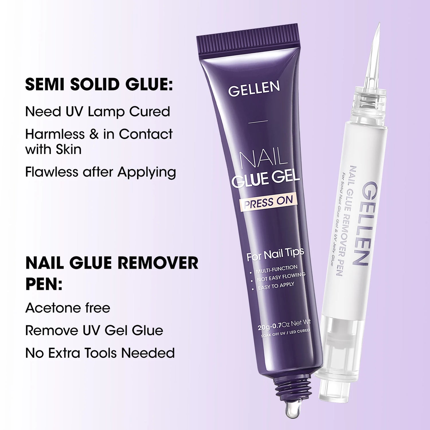 GELLEN Nail Glue Remover Kit Strong UV Gel Adhesive Press On Nails Long Lasting Semi Solid Acetone Free Gentle Manicure DIY