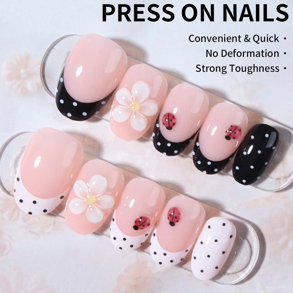24Pcs/Set Short Oval 3D gel Flower Ladybug Polka point design French tip Press on Nails Acrylic ，Short nails Include: 1pcs Jelly