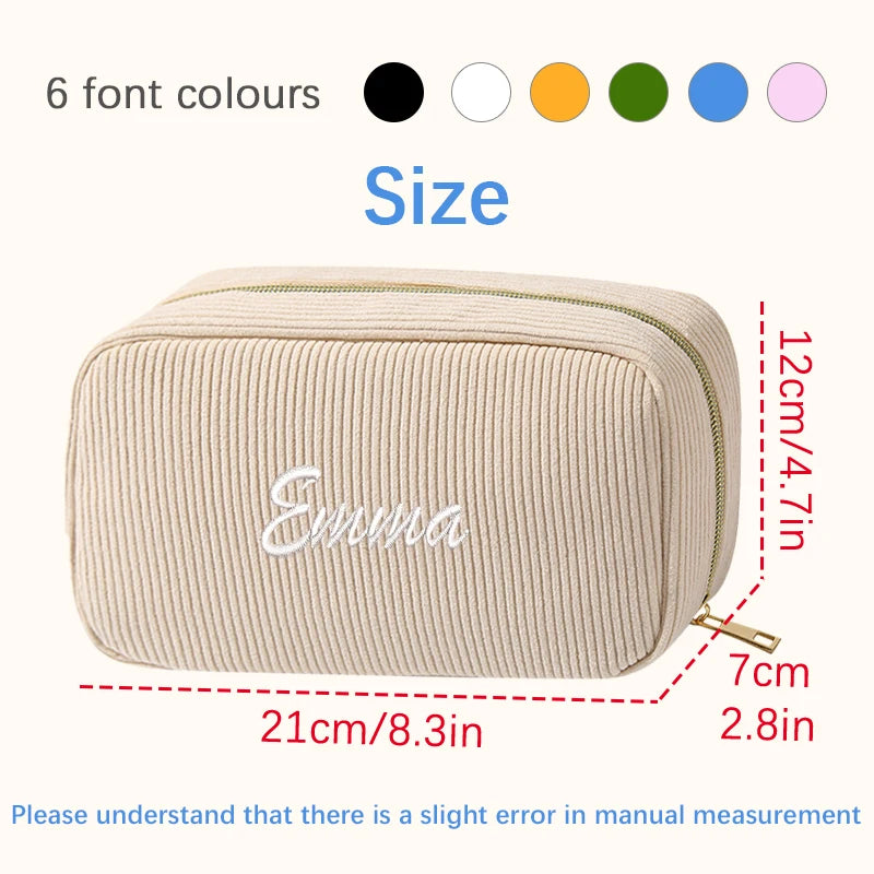 Customised Embroidery/Standard Style 2 Options, Solid Color Minimalist Corduroy Makeup Bag, Perfect Back-to-School Gift!