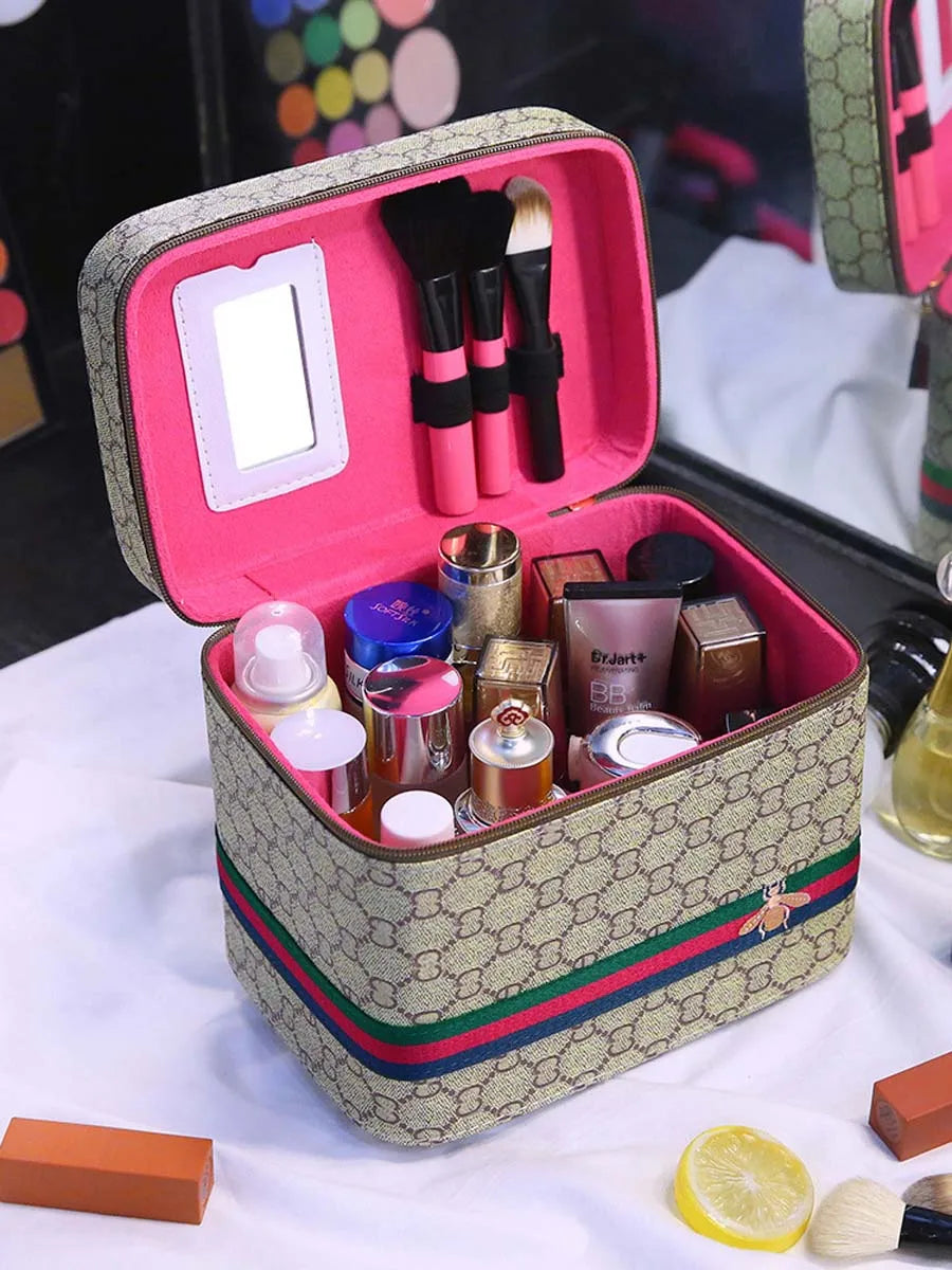 Single-layer advanced PU leather cosmetic case New travel multiple portable cosmetic case Mirror large capacity portable storage