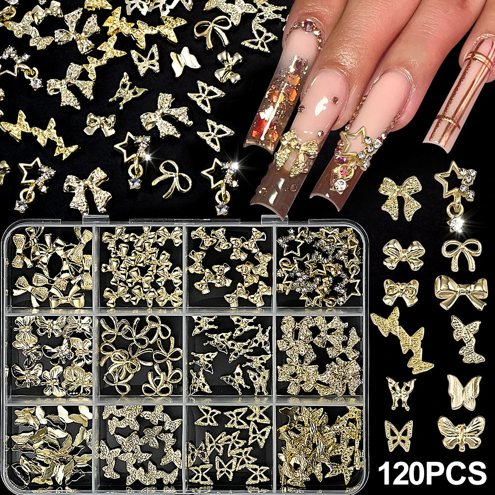 120pcs/box 3D Gold Bow Butterfly Nail Metal Charms Shiny Cute Bowtie/Diamond Star Nail Jewelry 120 Luxury Nail Art Supplies 