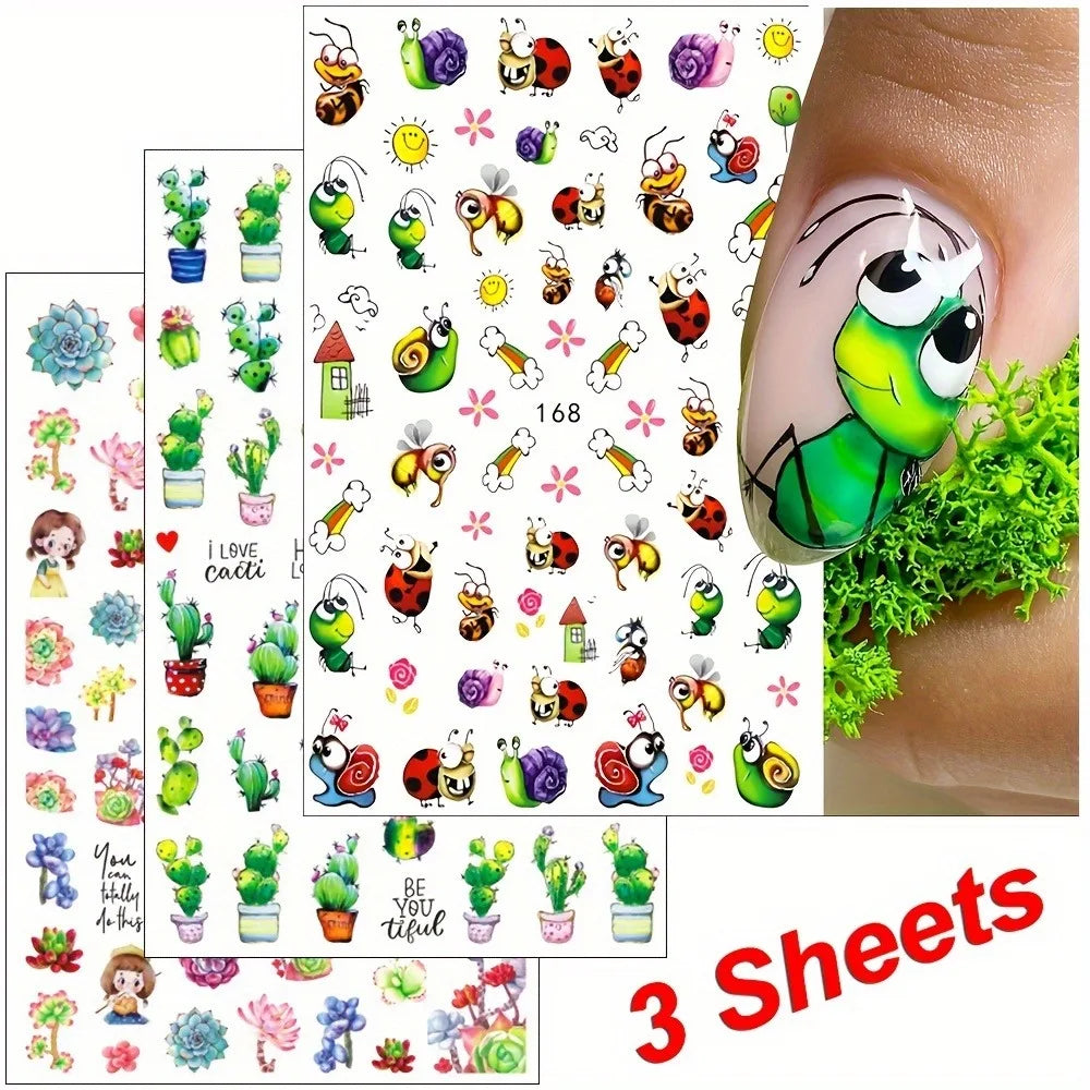3pcs Cartoon animal nail stickers, easy to apply for nail decoration DIY、 Gifts, parties, and wedding makeup and styling