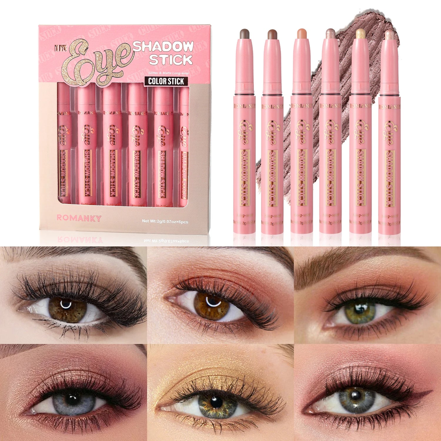 6Pcs Set Matte Effect Eyeshadow Stick Natural and Long-lasting Multi-purpose Shiny Metallic Matte Shimmer Highlighting Eyeline