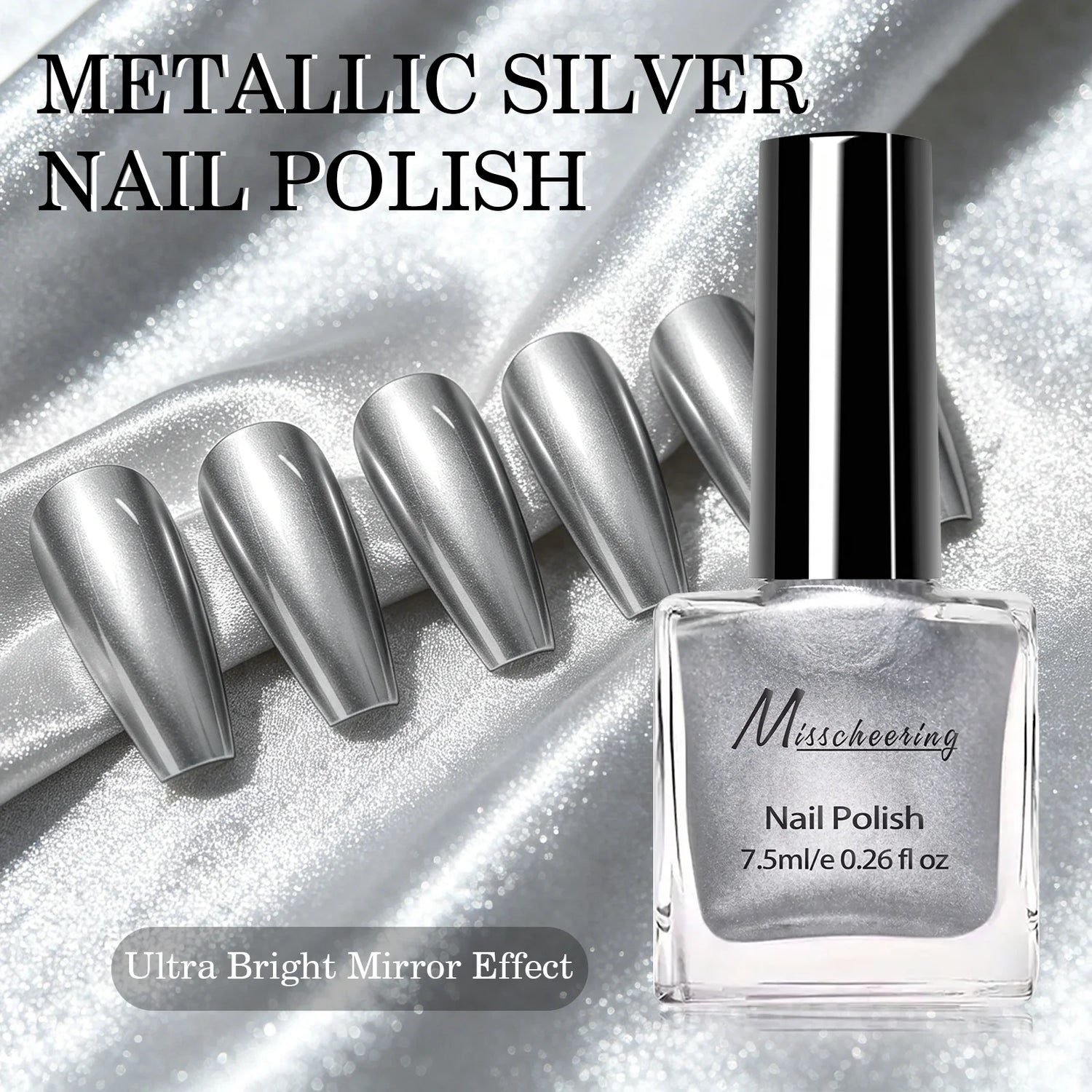 7.5ml Metallic Silver Nail Polish Ultra Bright Mirror Effect Quick Dry Nail Varnish Long Lasting High Gloss Chrome DIY Manicure