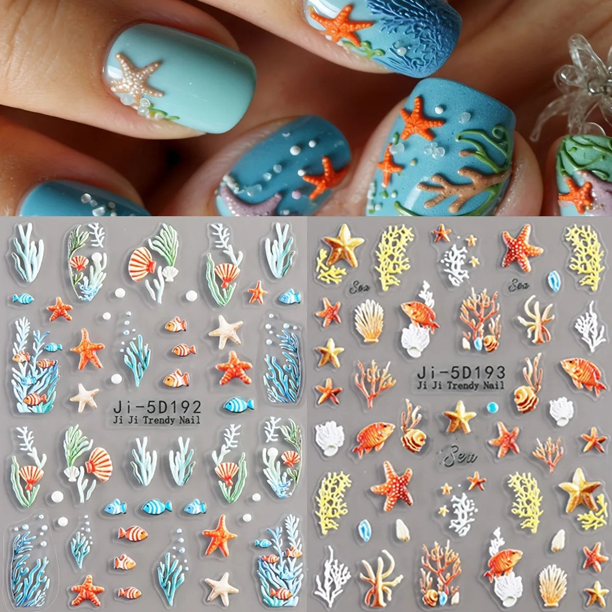 5D Embossed Ocean Nail Stickers Blue Orange Starfish Shell Coral Decals for Summer Beach Vacation Party Music Festival DIY Art