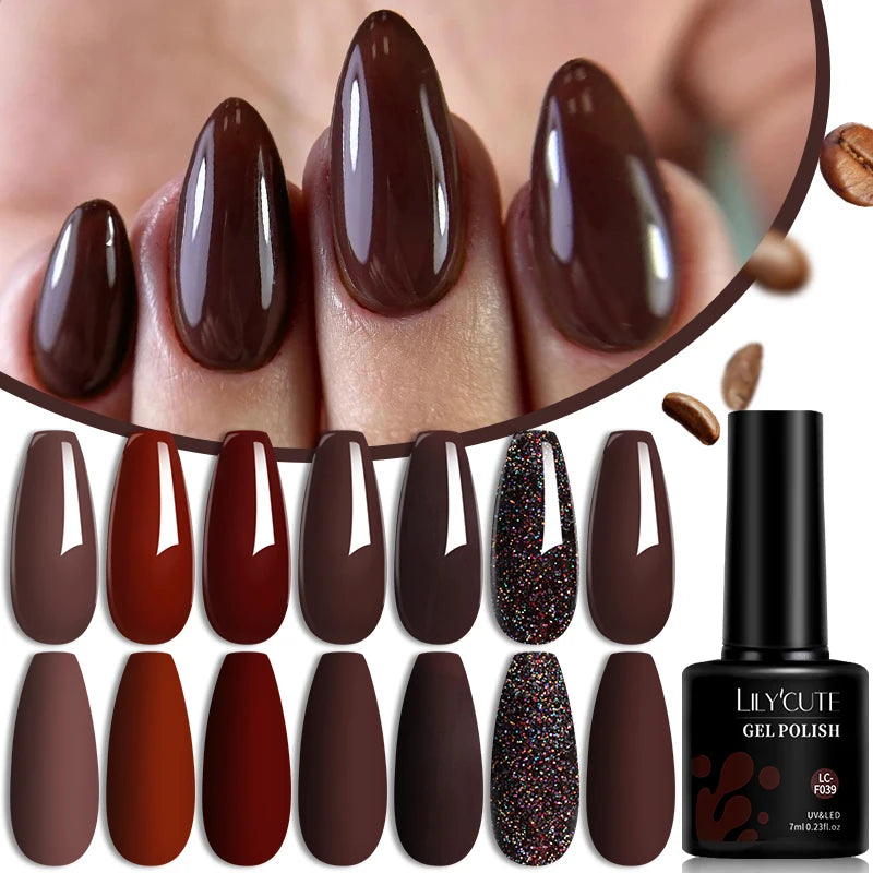LILYCUTE 6Pcs/Set 7ML Brown Gel Nail Polish Winter Coffee Semi Permanent Soak Off UV Gel Design Nail Art Manicure Kit Varnish