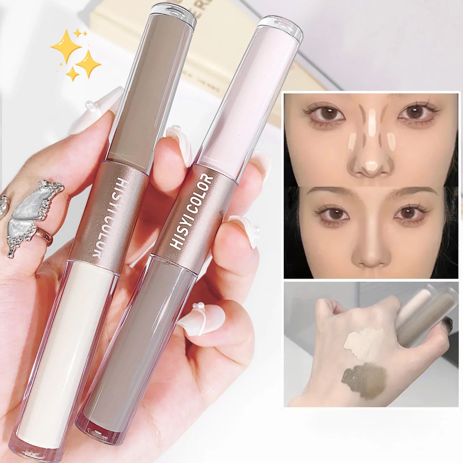 Double-ended Highlighting Contouring Stick two-in-one concealer pen, 3D nose and face engraving, cement grey, natural makeup