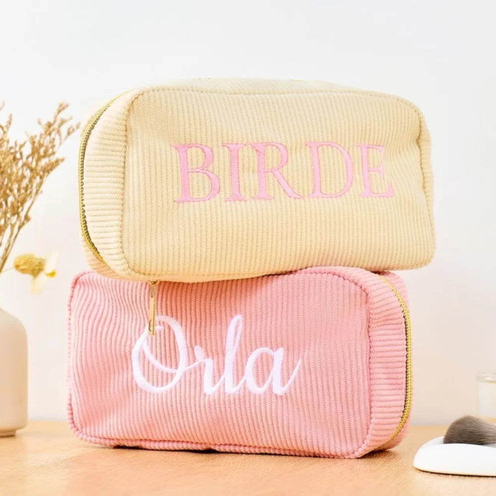Embroidered Name Corduroy Makeup Bag Customized Women Cosmetic Bag Beauty Pouch Perfect Bridesmaid Gift for Wedding Celebration