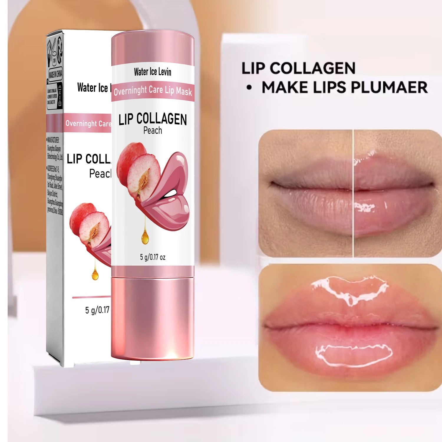 Overnight Lip Mask with Collagen & Peptides - Moisturizing Nourishing Peel Off Lip Care, Aloe Extract, Peach Scent