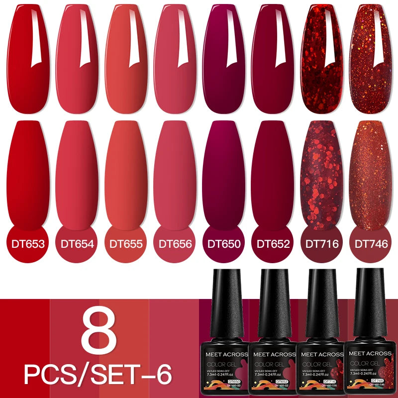 MEET ACROSS 8Pcs/Set Sparkly Rose Red Purple Gel Nail Polish Glitter Semi Permanent Nail Art Gel Vernis For Nails Manicure Kits