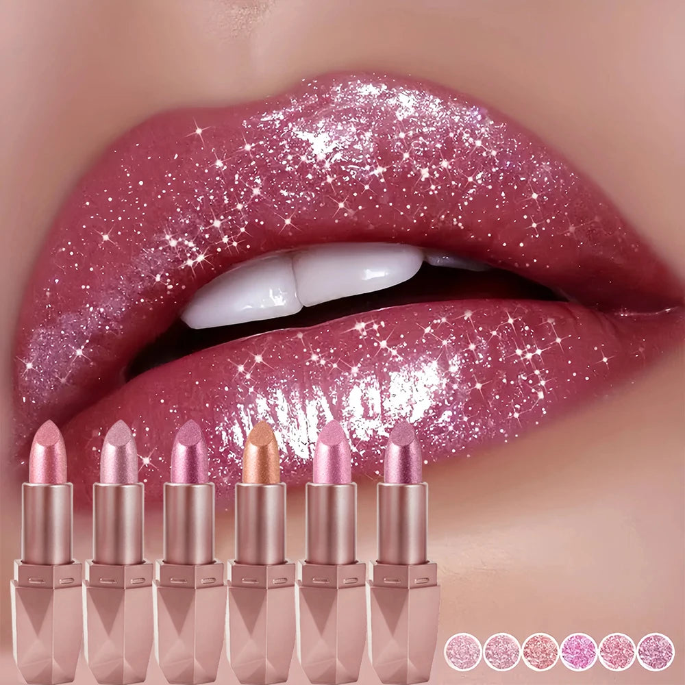 New 6-Color Diamond Pearl Lipstick, Waterproof & Super Shiny Gold Lipstick with Moisturizing, Hydrating and Long-Lasting Effects