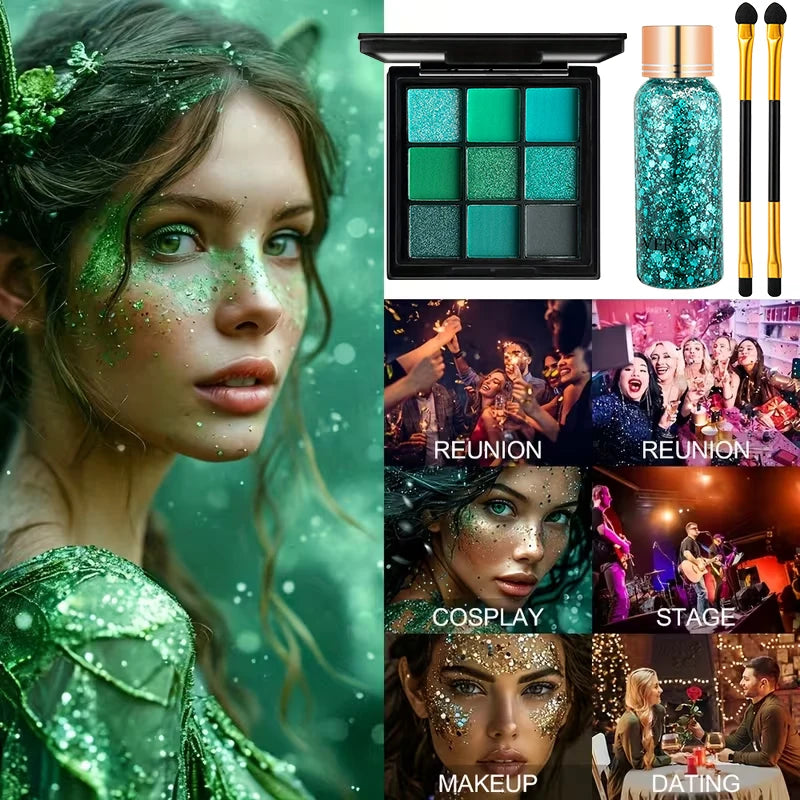 9 Colors Green Eyeshadow Palette + Glitter Gel + Brushes Set, Matte Shimmer Pigmented Makeup Kit for Halloween Cosplay Party
