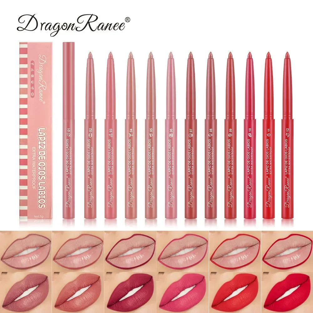 12 Colors Matte Lipliner Pen Waterproof Sexy Red Contour Lip Tint Lipstick Lasting Moisturising Lip Pencil Non-stick Cup Makeup
