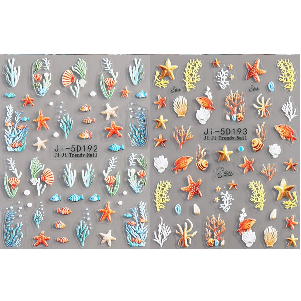 5D Embossed Ocean Nail Stickers Blue Orange Starfish Shell Coral Decals for Summer Beach Vacation Party Music Festival DIY Art