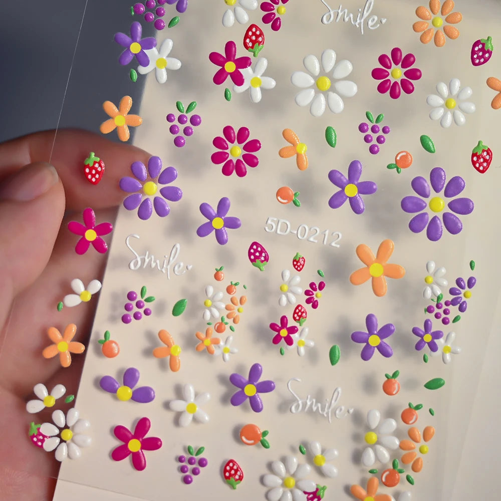 5D Exquisite Daisy Nail Sticker 1sheet Colorful Floral Nail Decal 8*10cm Self-adhesive Luxurious Daisy Nail Art Sticker Decor 9