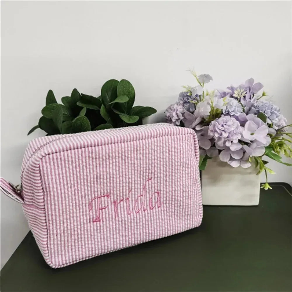 Personalized Seersucker Makeup Bag - Embroidered Name, Wash Bag, Wedding Bridesmaid Gift, Custom Toiletry Pouch
