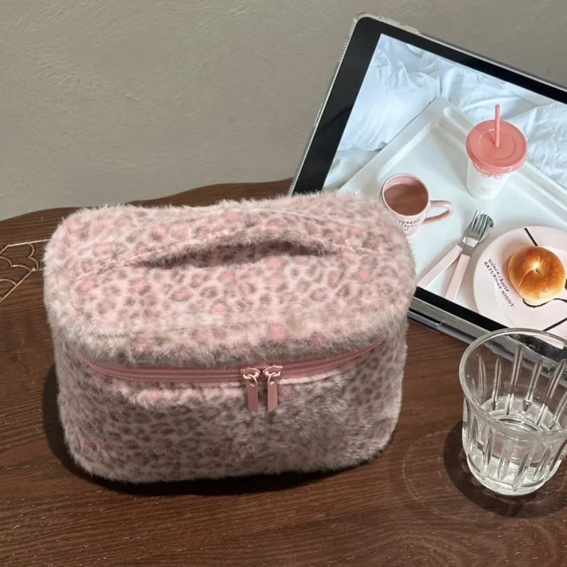 Wear-resistant Travel Toiletry Organizer Cute Storage CasePink Leopard Print Faux Fur Cosmetic Bag Women Plush Makeup Pouch