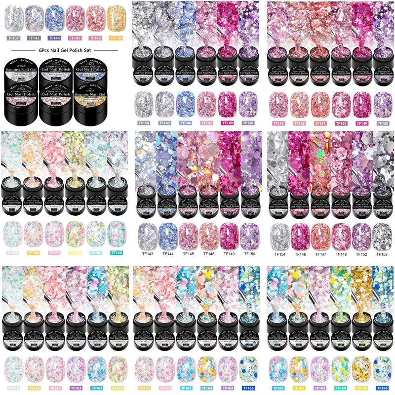 6pcs Glitter Sequins Gel Nail Polish Set Pink Silver Laser Semi Permanent Soak Off UV Gel Varnish Decoration Nail Supplies DIY