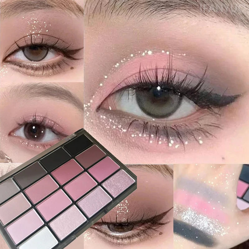 16 Colors Black Pink Eyeshadow Palette Glitter Shimmer Pearlescent Matte Low Saturation Style Long Lasting Eye Shadow Eye Makeup