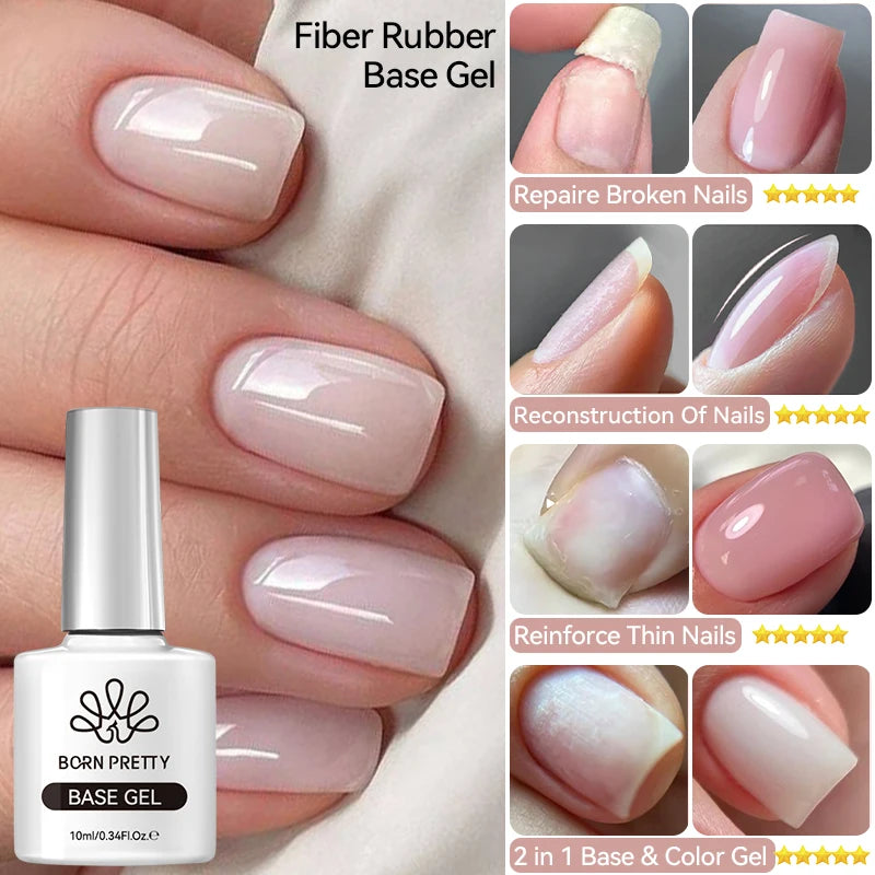 BORN PRETTY Fiber Rubber Base Gel Nail Polish For Broken Nail Repaired Fiberglass Clear Quick Building 10ml Semi Permanent