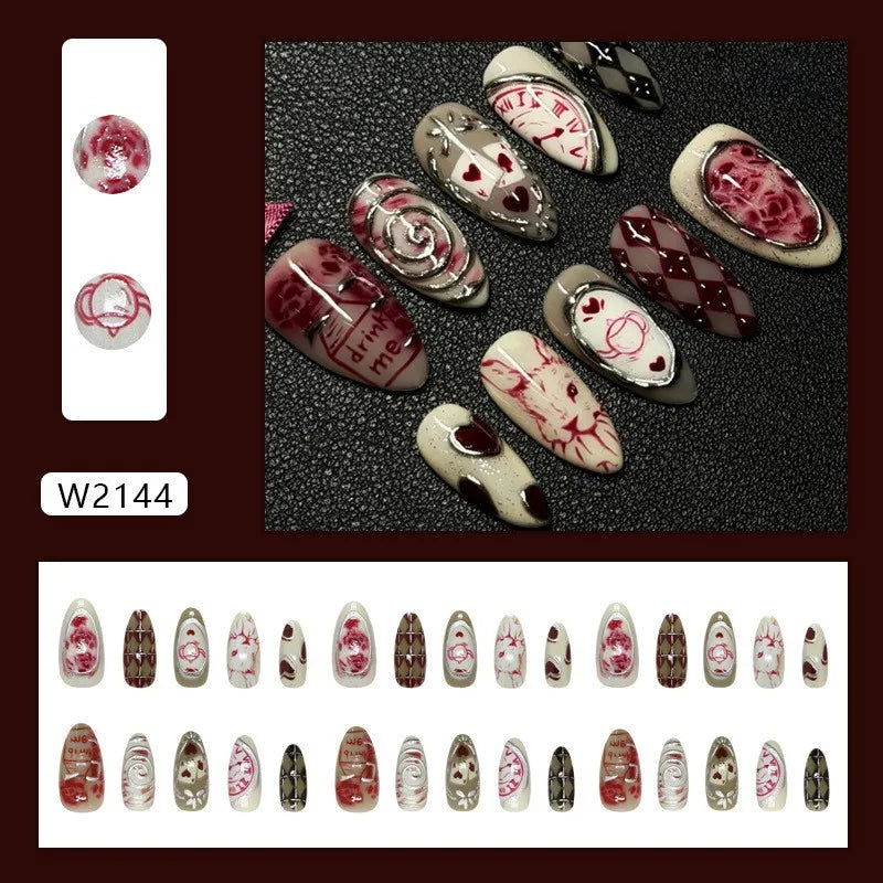 30pcs 3D Dream Rose Press on Nails Heart & Animal Wave Fake Nail Short Almond Full Coverage Nail for Women&Girl False Nail Art