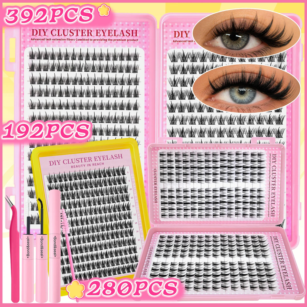 672PCS Mixed DIY Cluster Lash Kit Manga Wispy Individual Lashes Clusters With Bond Seal Tweezers Natural Soft Segmented False