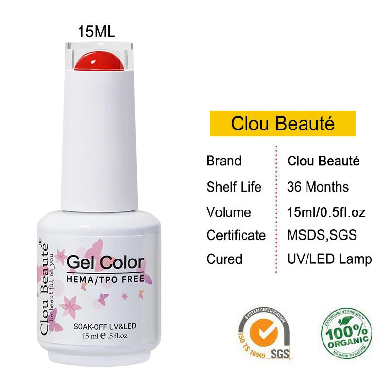 Clou Beaute 15ml Nail Gel Polish Vernis Semi Permanent UV Soak off Varnish Tpo Free Nail Polish Nail Art Gel Lacquer
